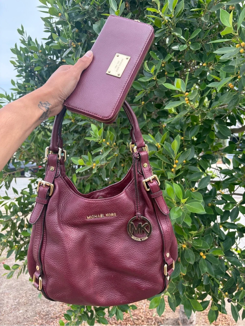 Vintage Michael Kors Burgundy Leather Hobo Bag with Matching Wallet